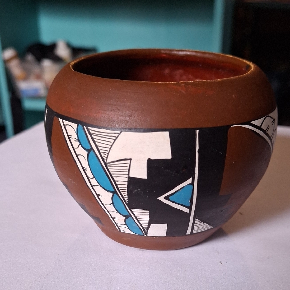 Artistic Brown and Blue Ceramic Bowl with Geometric Design